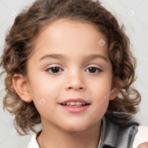 Joyful white child female with medium  brown hair and brown eyes