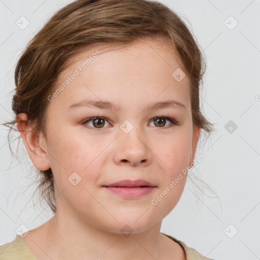 Joyful white child female with medium  brown hair and brown eyes