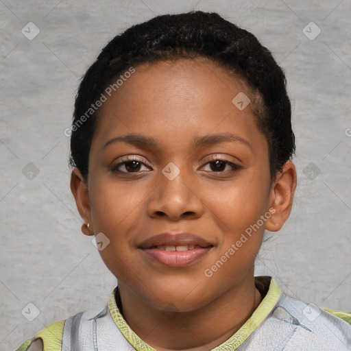 Joyful black young-adult female with short  black hair and brown eyes