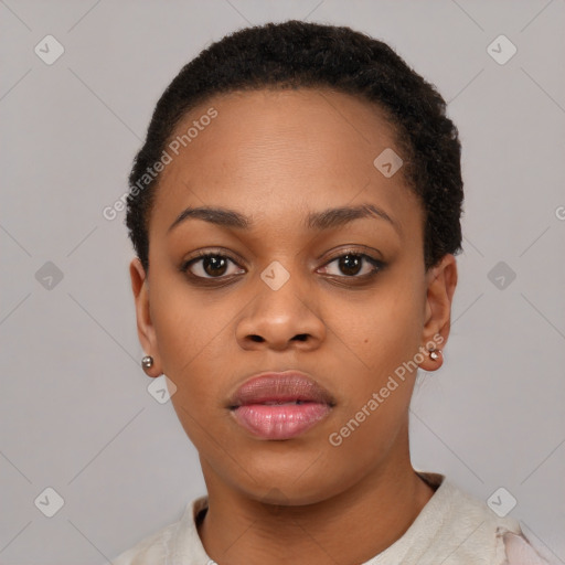 Neutral black young-adult female with short  black hair and brown eyes