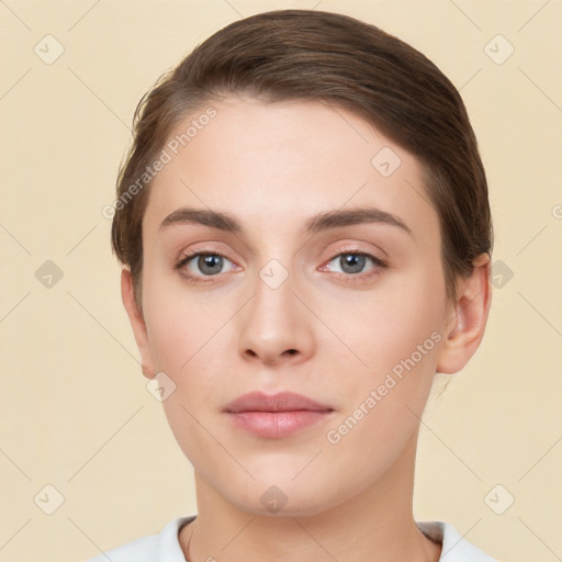 Neutral white young-adult female with short  brown hair and brown eyes