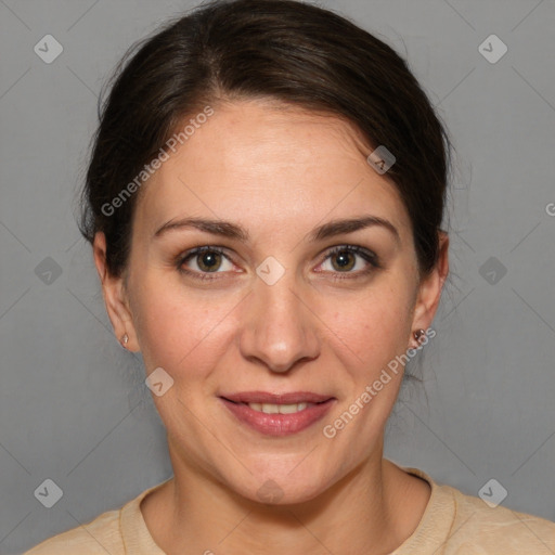 Joyful white adult female with short  brown hair and brown eyes