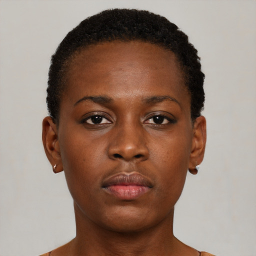Neutral black young-adult female with short  black hair and brown eyes