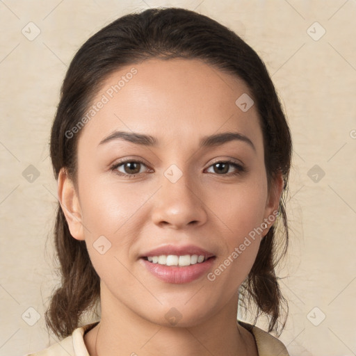 Joyful white young-adult female with medium  brown hair and brown eyes