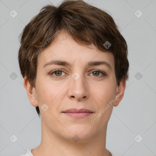 Neutral white young-adult female with short  brown hair and brown eyes