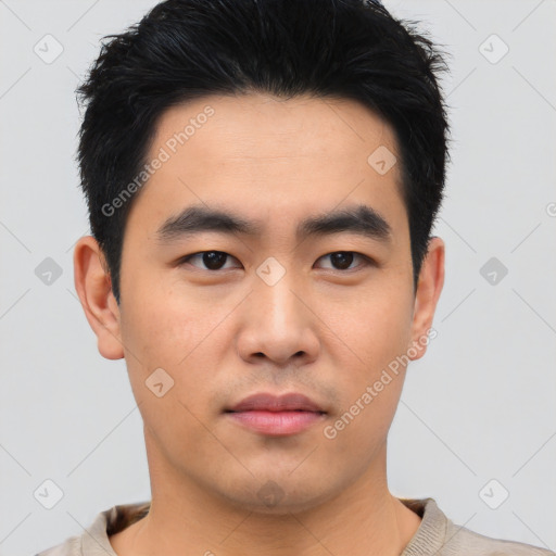 Neutral asian young-adult male with short  black hair and brown eyes