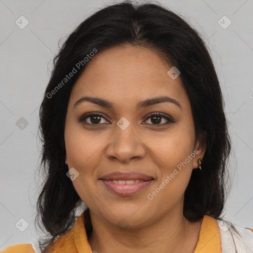 Joyful latino young-adult female with long  brown hair and brown eyes