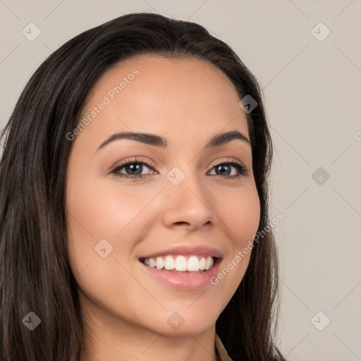 Joyful white young-adult female with long  brown hair and brown eyes