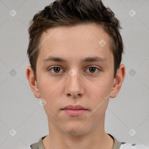 Neutral white young-adult male with short  brown hair and brown eyes