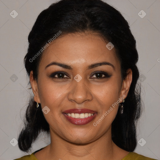 Joyful latino young-adult female with medium  black hair and brown eyes