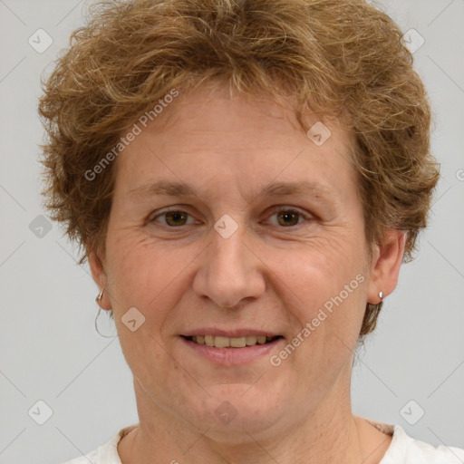 Joyful white adult female with short  brown hair and brown eyes