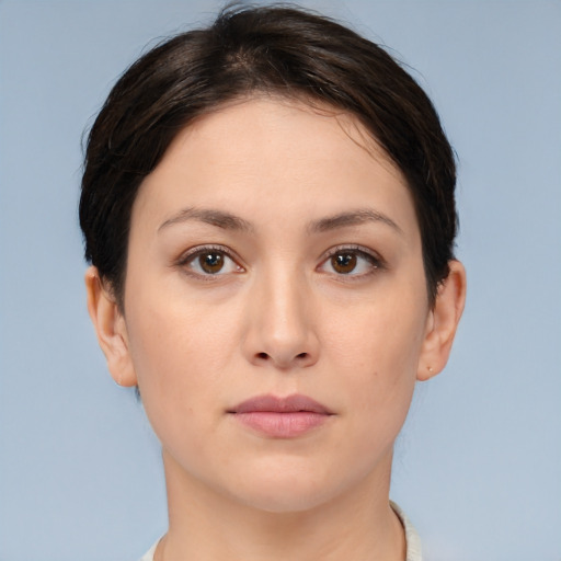 Neutral white young-adult female with short  brown hair and brown eyes