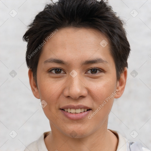 Joyful white young-adult female with short  brown hair and brown eyes