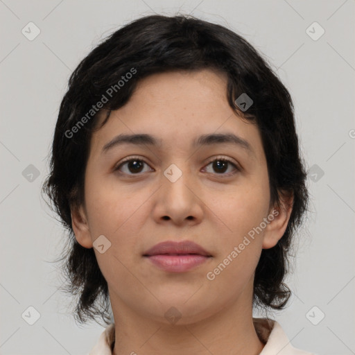 Neutral asian young-adult female with medium  brown hair and brown eyes