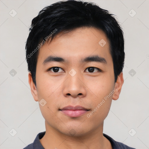 Neutral asian young-adult male with short  black hair and brown eyes