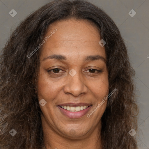 Joyful white adult female with long  brown hair and brown eyes