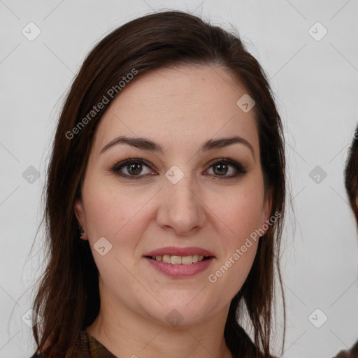 Joyful white young-adult female with medium  brown hair and brown eyes