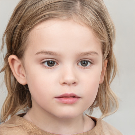 Neutral white child female with medium  brown hair and grey eyes