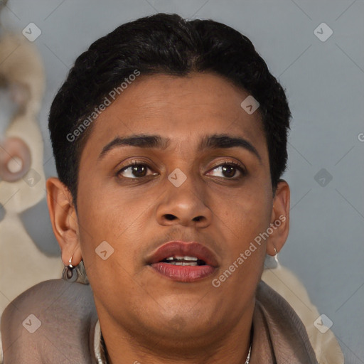 Joyful black adult female with short  brown hair and brown eyes