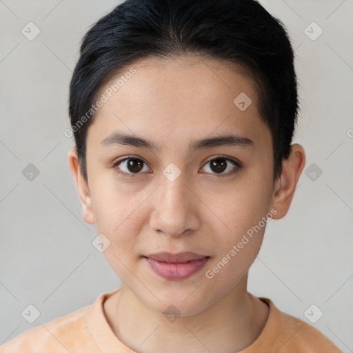 Joyful white young-adult female with short  brown hair and brown eyes