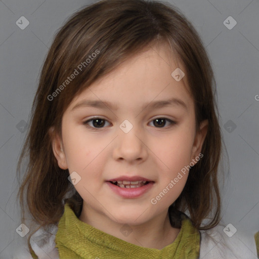 Joyful white child female with medium  brown hair and brown eyes