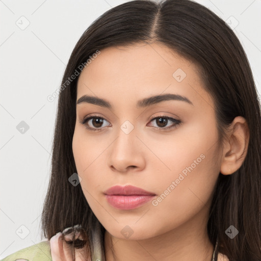 Neutral white young-adult female with long  brown hair and brown eyes