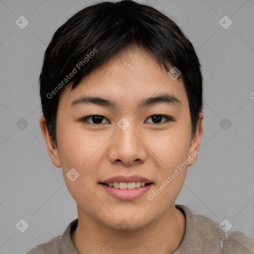 Joyful asian young-adult female with short  brown hair and brown eyes