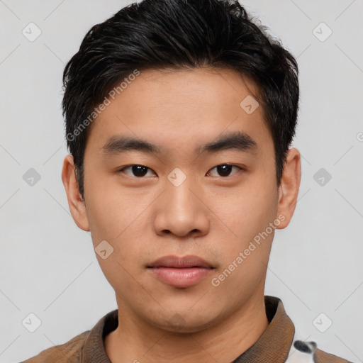 Neutral asian young-adult male with short  black hair and brown eyes