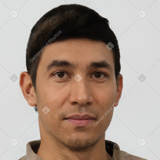 Neutral latino young-adult male with short  black hair and brown eyes