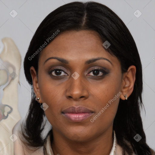 Joyful black young-adult female with medium  brown hair and brown eyes
