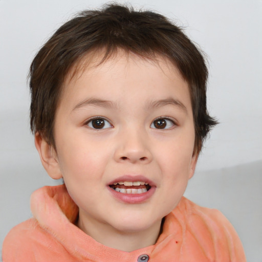 Joyful white child female with medium  brown hair and brown eyes