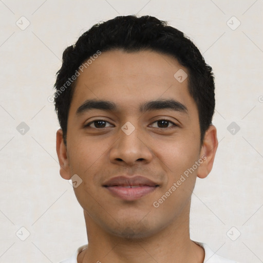 Neutral latino young-adult male with short  black hair and brown eyes