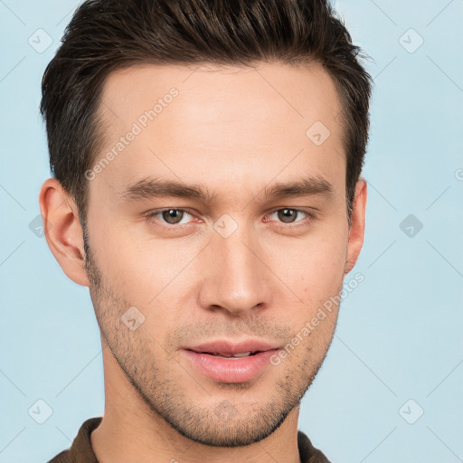 Neutral white young-adult male with short  brown hair and brown eyes