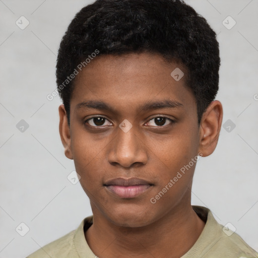 Neutral black young-adult male with short  black hair and brown eyes