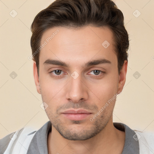 Neutral white young-adult male with short  brown hair and brown eyes