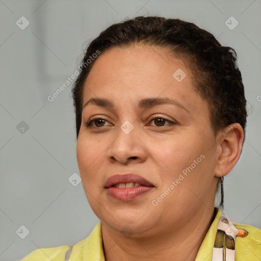 Joyful white adult female with short  brown hair and brown eyes