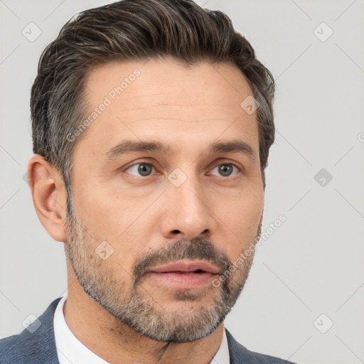 Neutral white adult male with short  brown hair and brown eyes