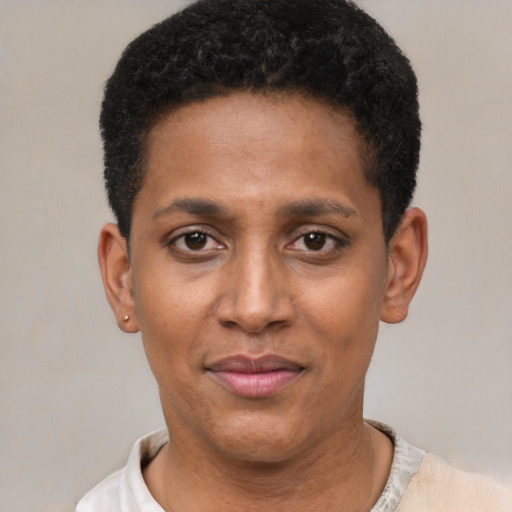 Joyful black young-adult male with short  black hair and brown eyes