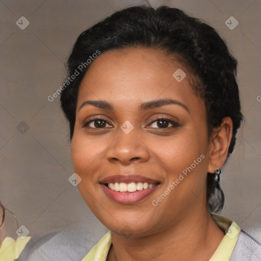 Joyful latino young-adult female with short  brown hair and brown eyes