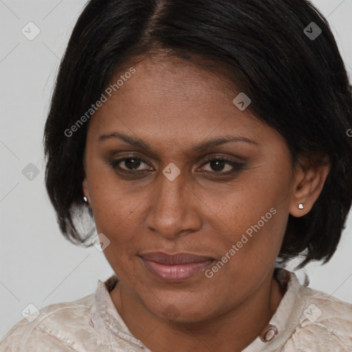 Joyful white adult female with medium  brown hair and brown eyes