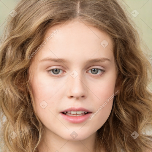 Joyful white young-adult female with long  brown hair and green eyes