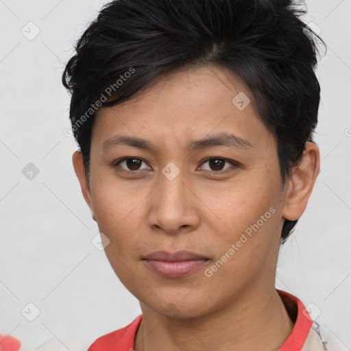 Neutral asian young-adult female with short  brown hair and brown eyes