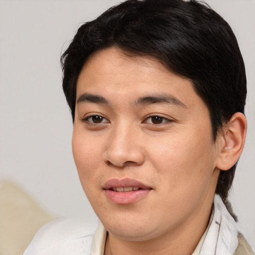 Joyful white young-adult male with medium  brown hair and brown eyes