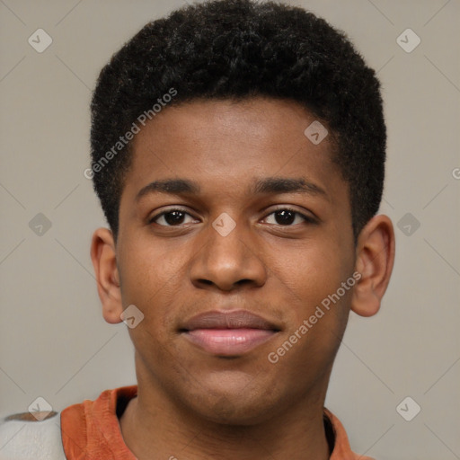 Joyful latino young-adult male with short  brown hair and brown eyes