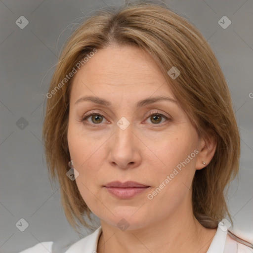 Neutral white adult female with medium  brown hair and brown eyes