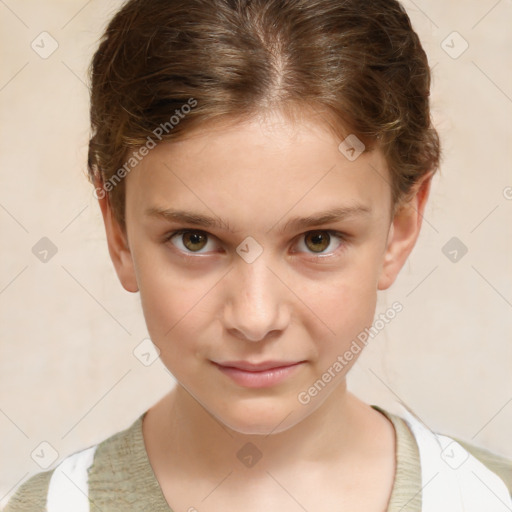 Joyful white child female with short  brown hair and brown eyes