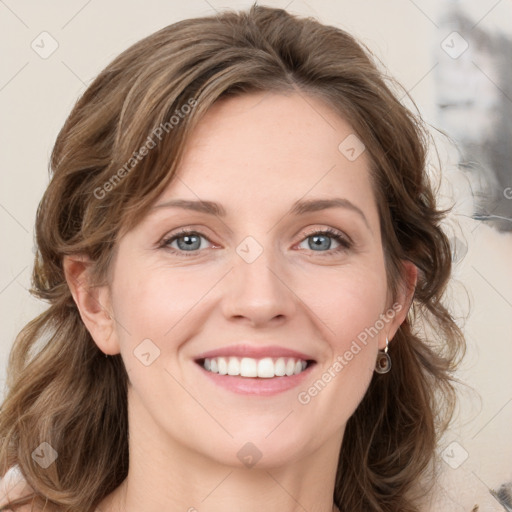 Joyful white young-adult female with medium  brown hair and blue eyes