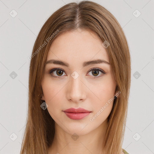 Neutral white young-adult female with long  brown hair and brown eyes