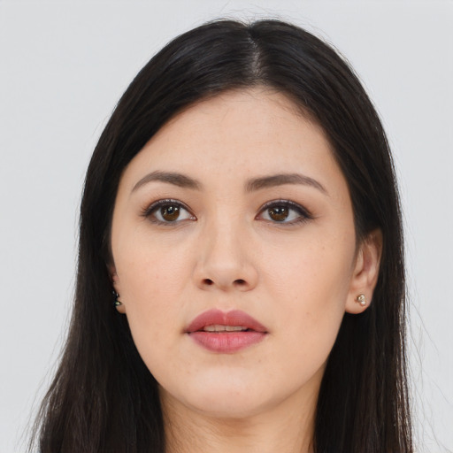 Neutral asian young-adult female with long  black hair and brown eyes