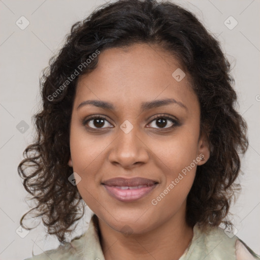 Joyful black young-adult female with medium  brown hair and brown eyes